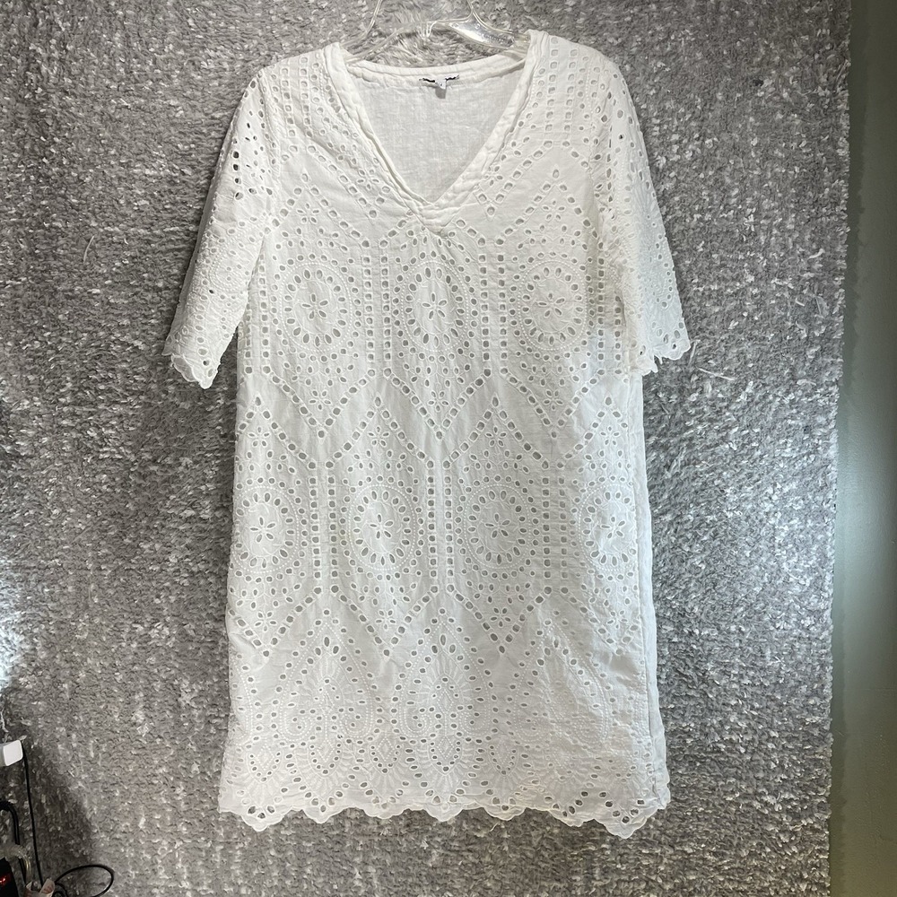 Vanessa Zani Italy Eyelet Dress,‎ Short Sleeve White Cotton Linen M Lined STAIN